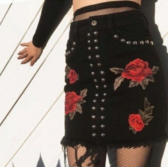 CARMAR rose embroidered silver studded frayed black denim mini skirt - Picture 11 of 11
